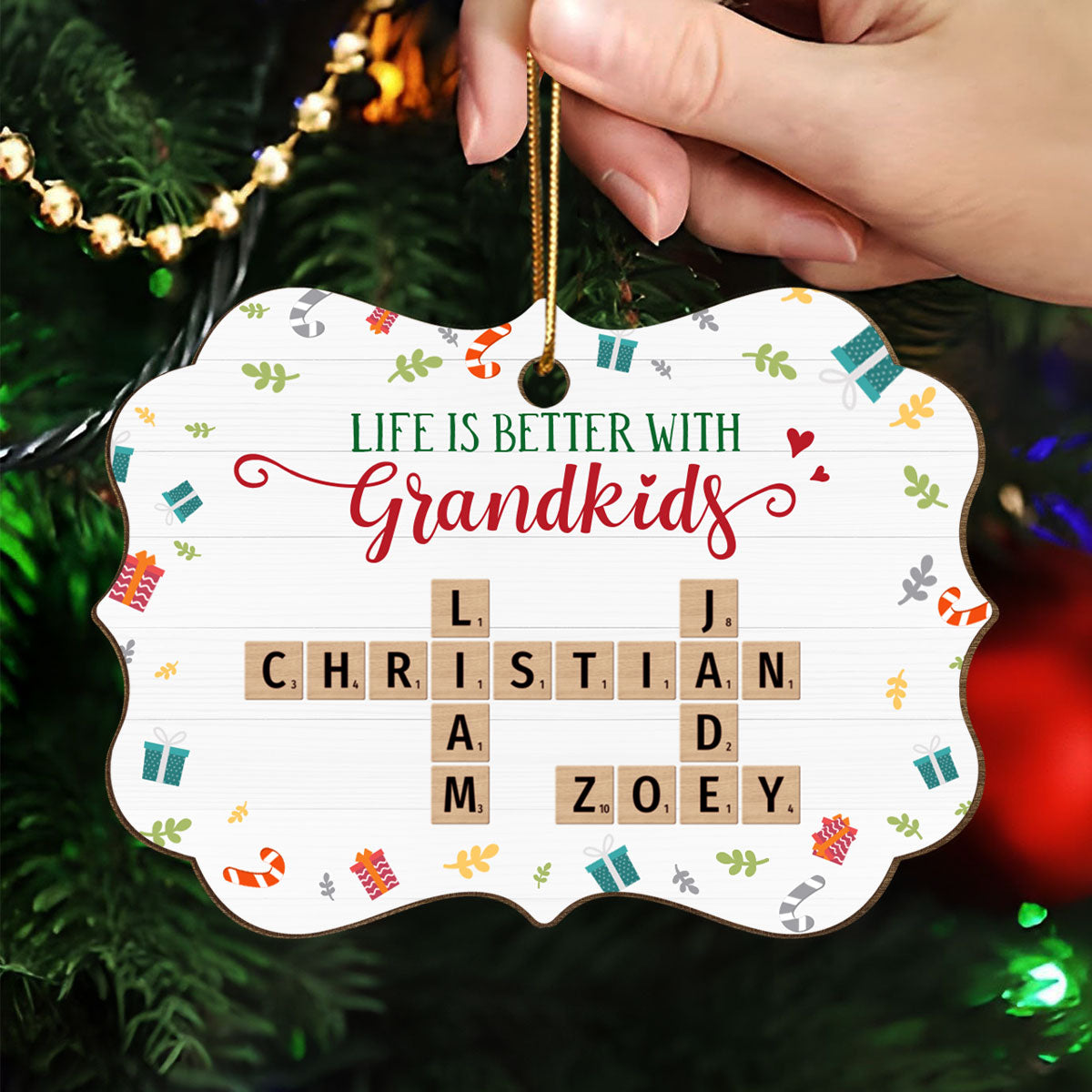 Life Is Better With Grandkids Crossword Puzzle Personalized Wooden Ornament, Christmas Gift for Grandma, Grandkids