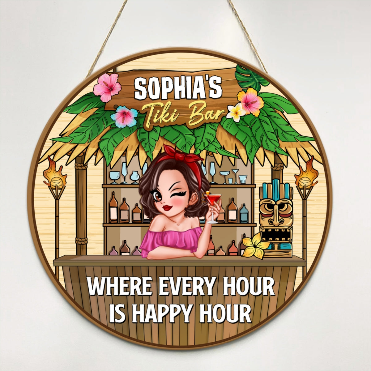 Welcome To Tiki Bar Sassy Woman Personalized Wood Door Hanger Sign