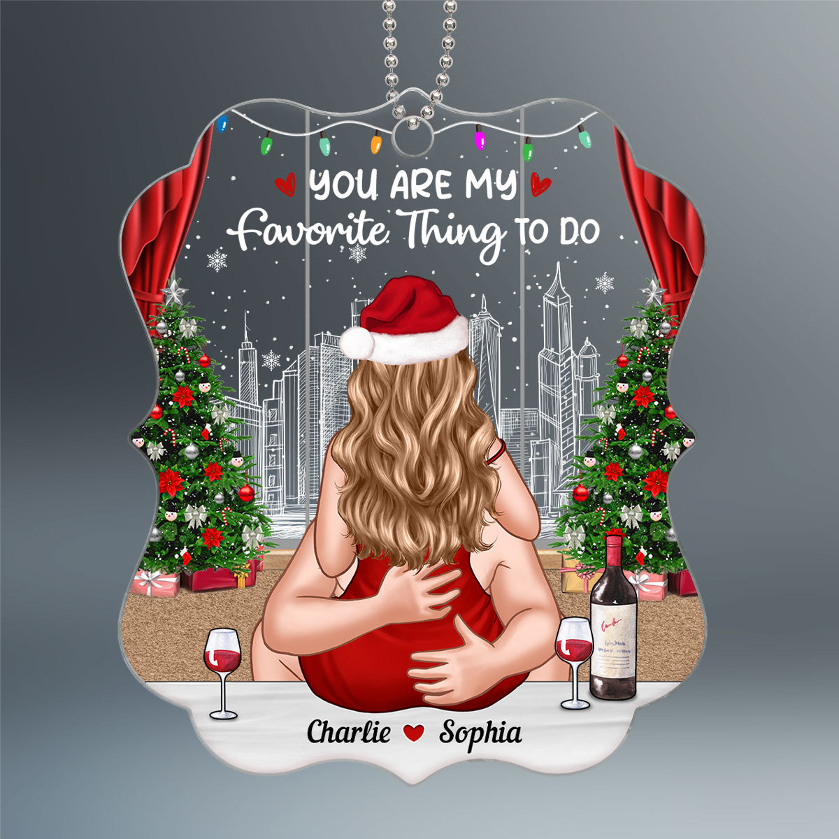 Christmas Bliss Couple Kissing Romantic Cityscape Personalized Acrylic Ornament