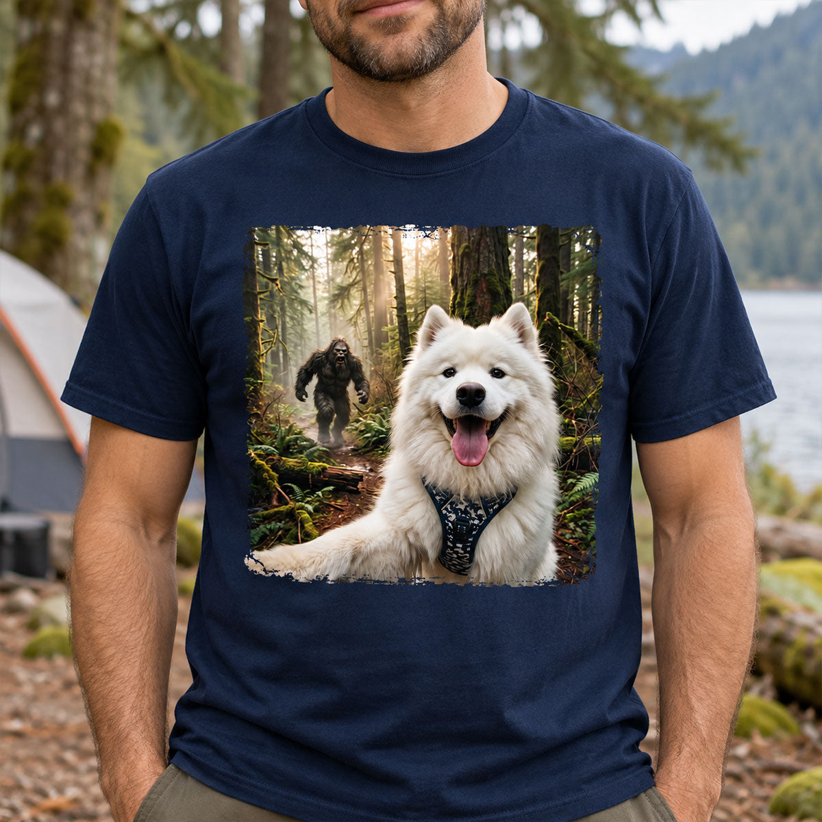 Custom Bigfoot Running After Dog Photo - Personalized Shirt - Christmas Gift for Dog Dads, Dog Moms, Pet Lovers