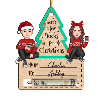 Happy Couple Sitting Christmas Money Holder Personalized Wooden Ornament