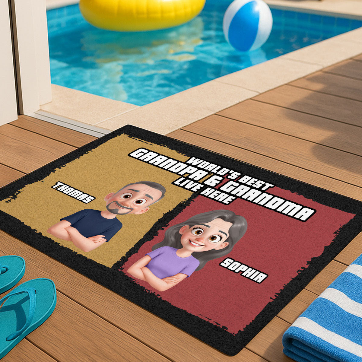Cute Cartoon World Best Grandpa Grandma Grandparents Live Here Personalized Doormat
