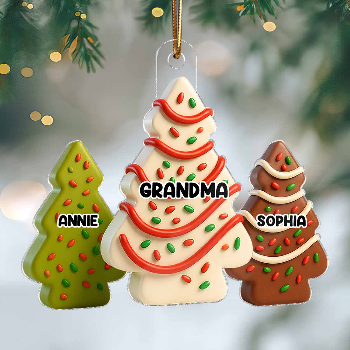 3D Effect Christmas Tree Cakes Grandma Grandkids - Personalized Acrylic Ornament