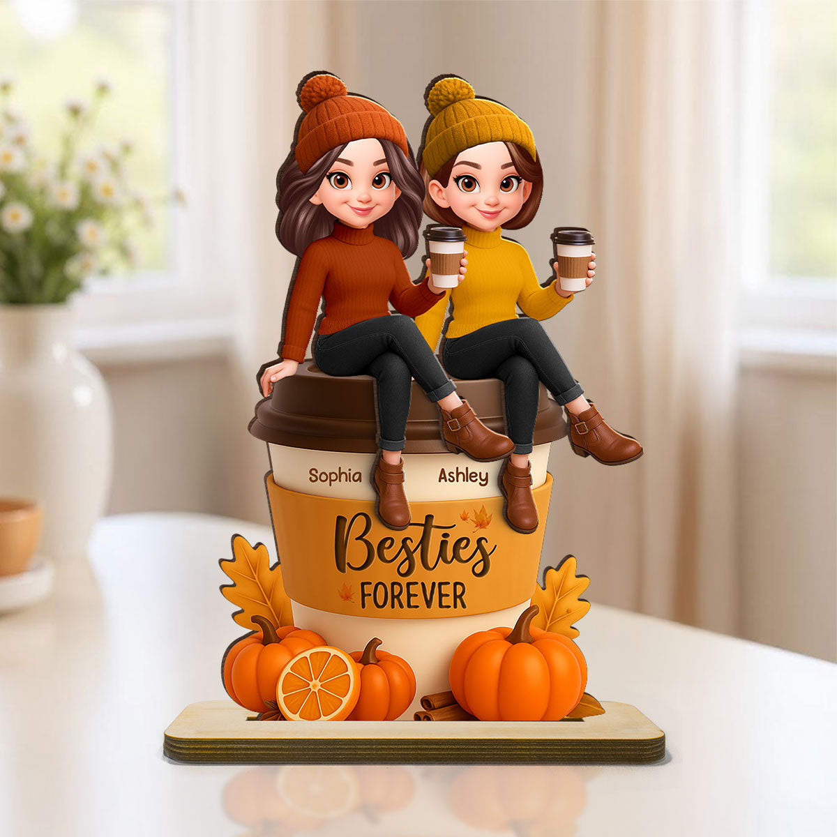 Fall Season Besties Sitting On Pumpkin Spice Latte Personalized Standing Wooden Plaque