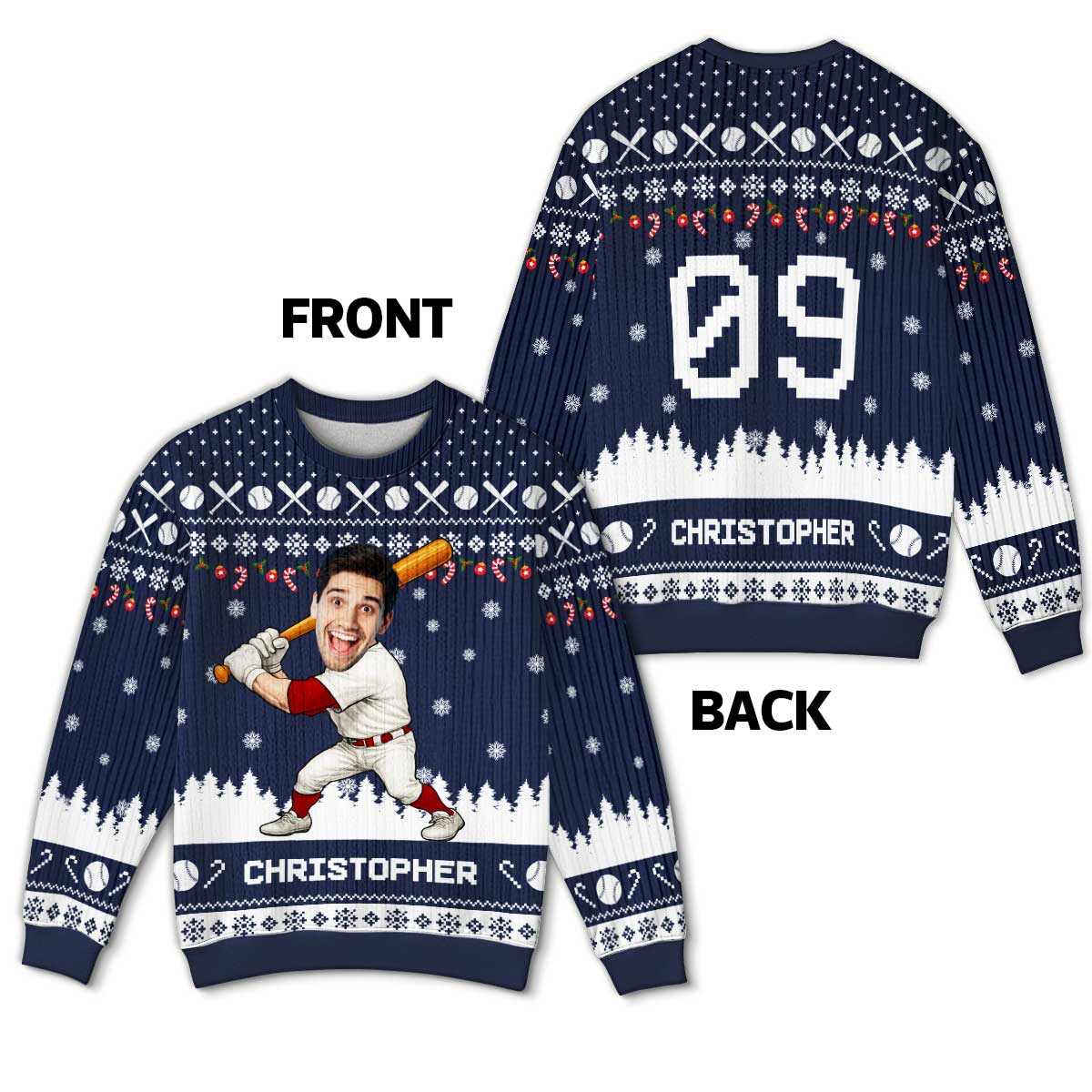 Baseball Player Custom Face Photo - Personalized Faux Knitting Ugly Sweater - Christmas Gift For Baseball Lover