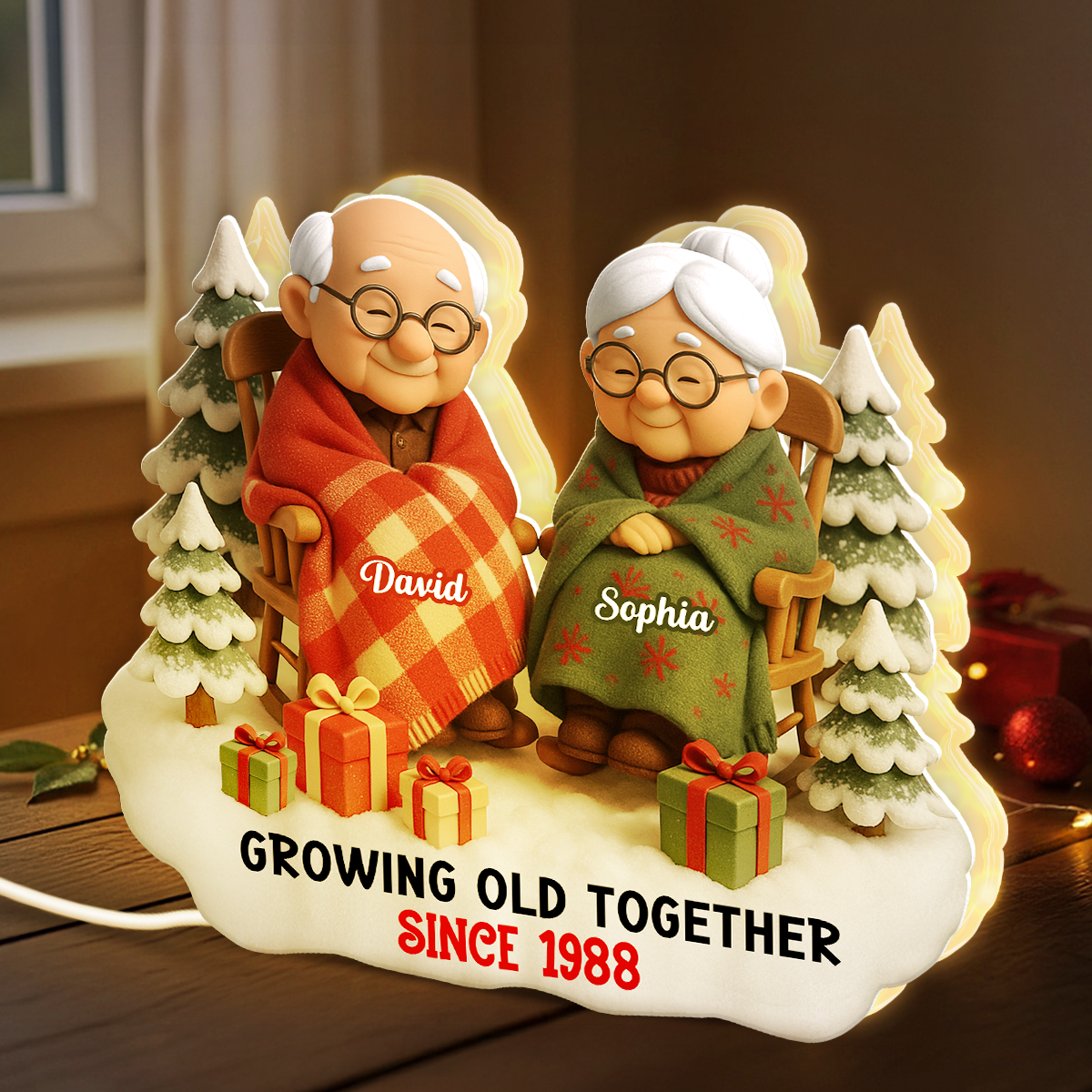 Cozy Elderly Couple Sitting Together - Personalized Light Box - Heartwarming Christmas Gift for him, Gift for her