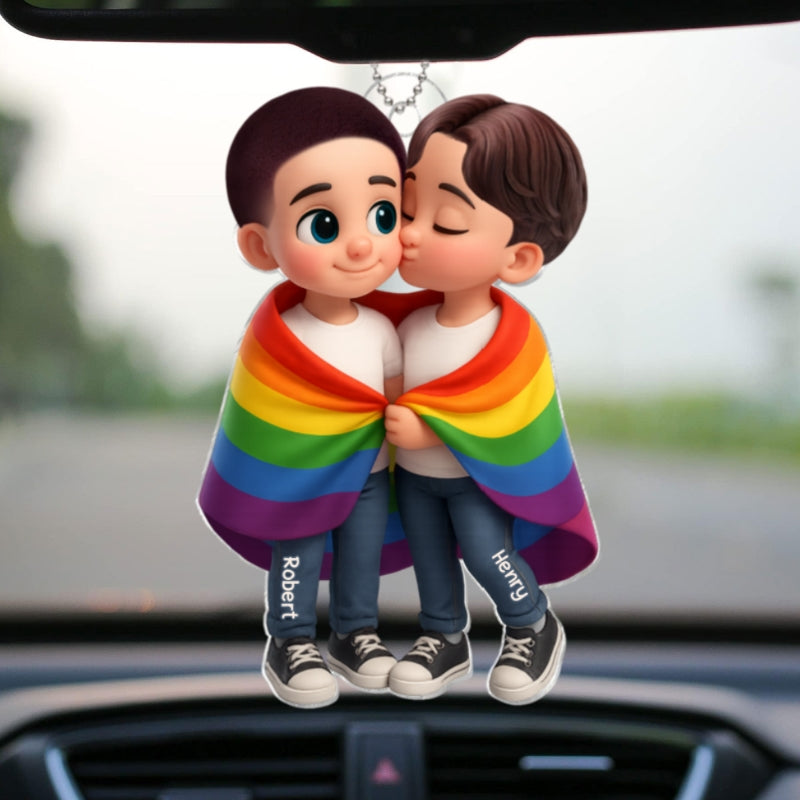LGBT Couple Love Is Love Pride Month Personalized Acrylic Car Hanger, Gift For Couple