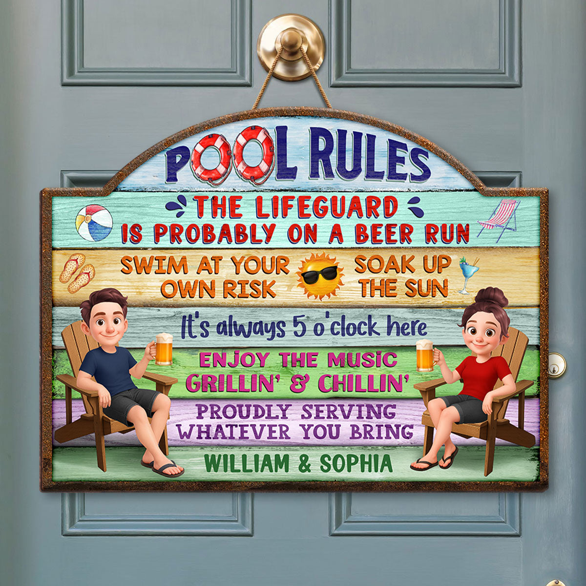 Cute Cartoon Couple Family Pool Rule Personalized Wood Sign