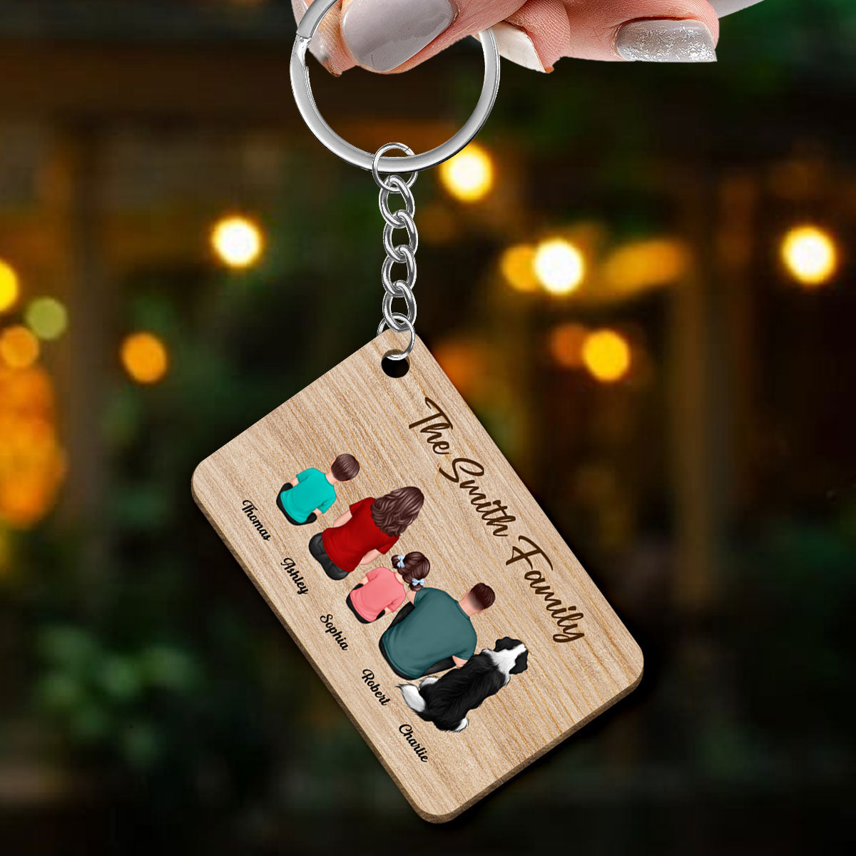 Whole Back View Family Couple Dad Mom Kids Dogs Cats Personalized Wooden Keychain