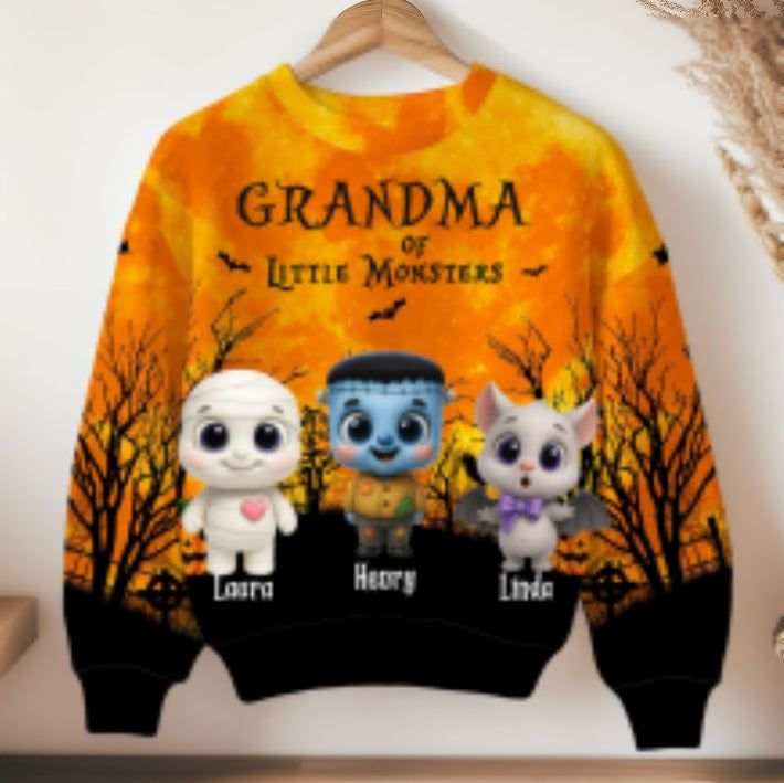 Grandma Mom Cute Little Monsters Halloween Moon Light Bat Tree Personalized 3D Sweatshirt, Purrfect Costume for Grandma