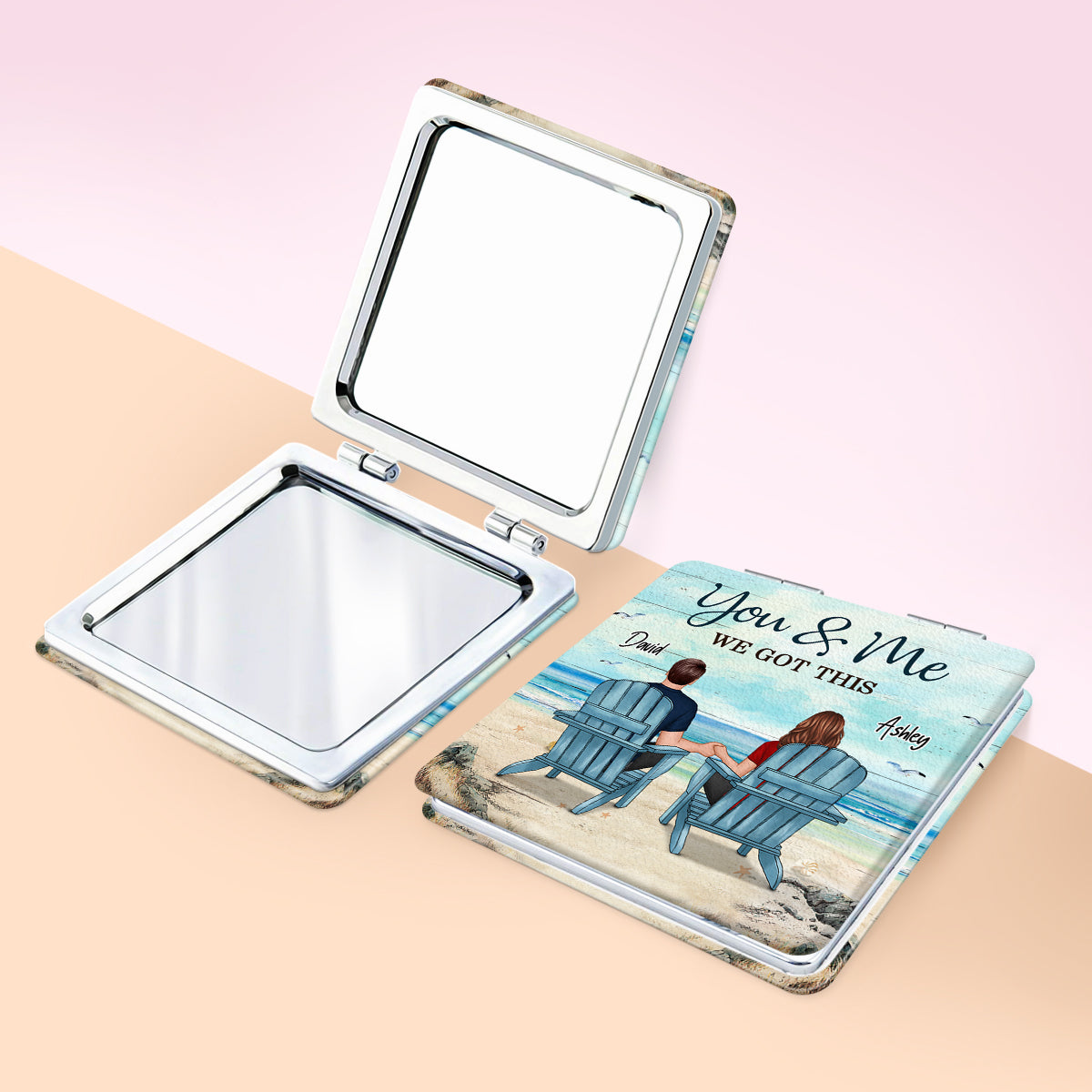 Back View Couple Sitting Beach Landscape You & Me We Got This Personalized Square Compact Mirror