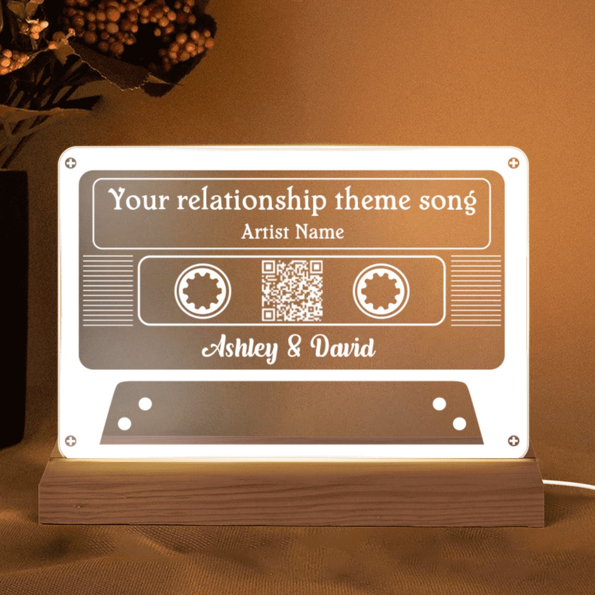 Couple Favorite Song Custom Message Scannable QR Code Personalized Cassette Tape Shaped Acrylic Plaque With LED Night Light