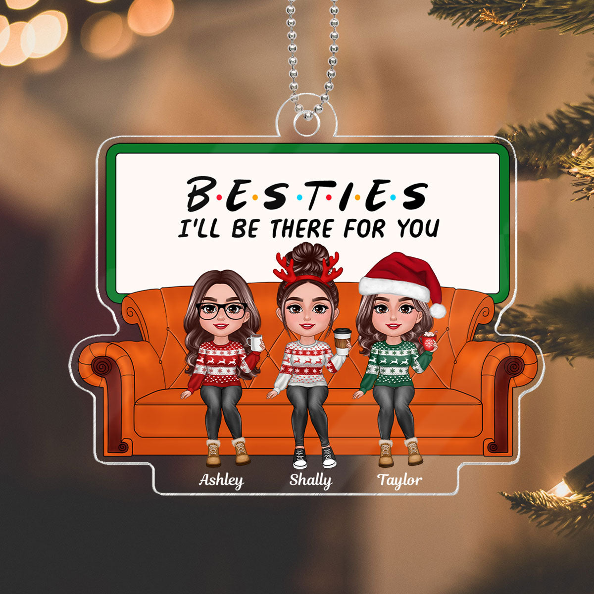 Christmas Besties Sisters Sitting On Sofa Personalized Acrylic Ornament
