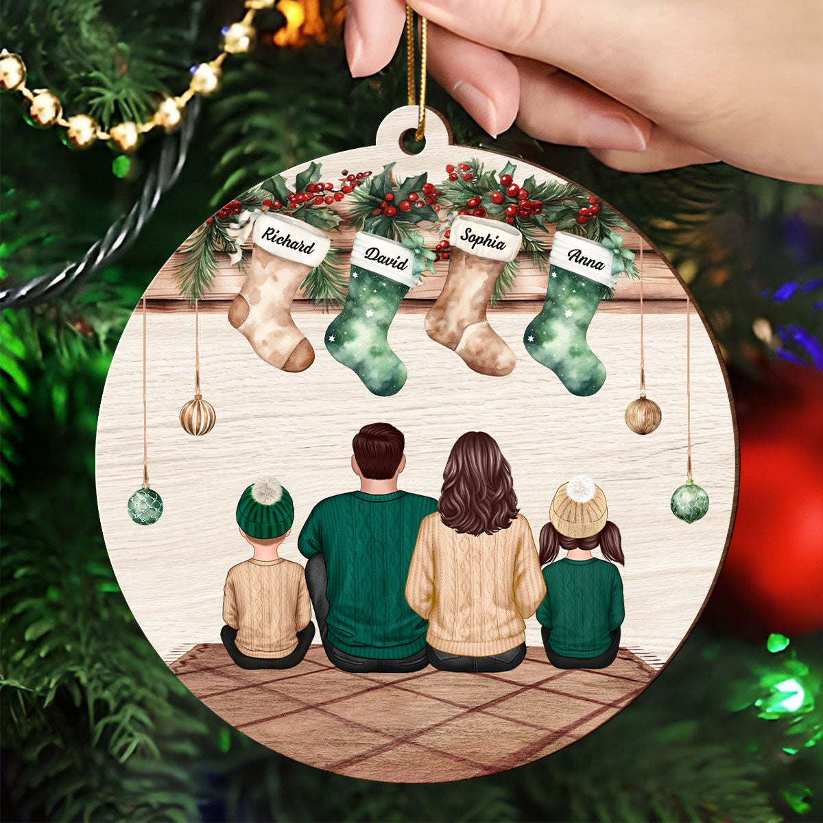 Vintage Christmas Stockings Family Sitting Personalized Wooden Ornament, Christmas Gift For Family