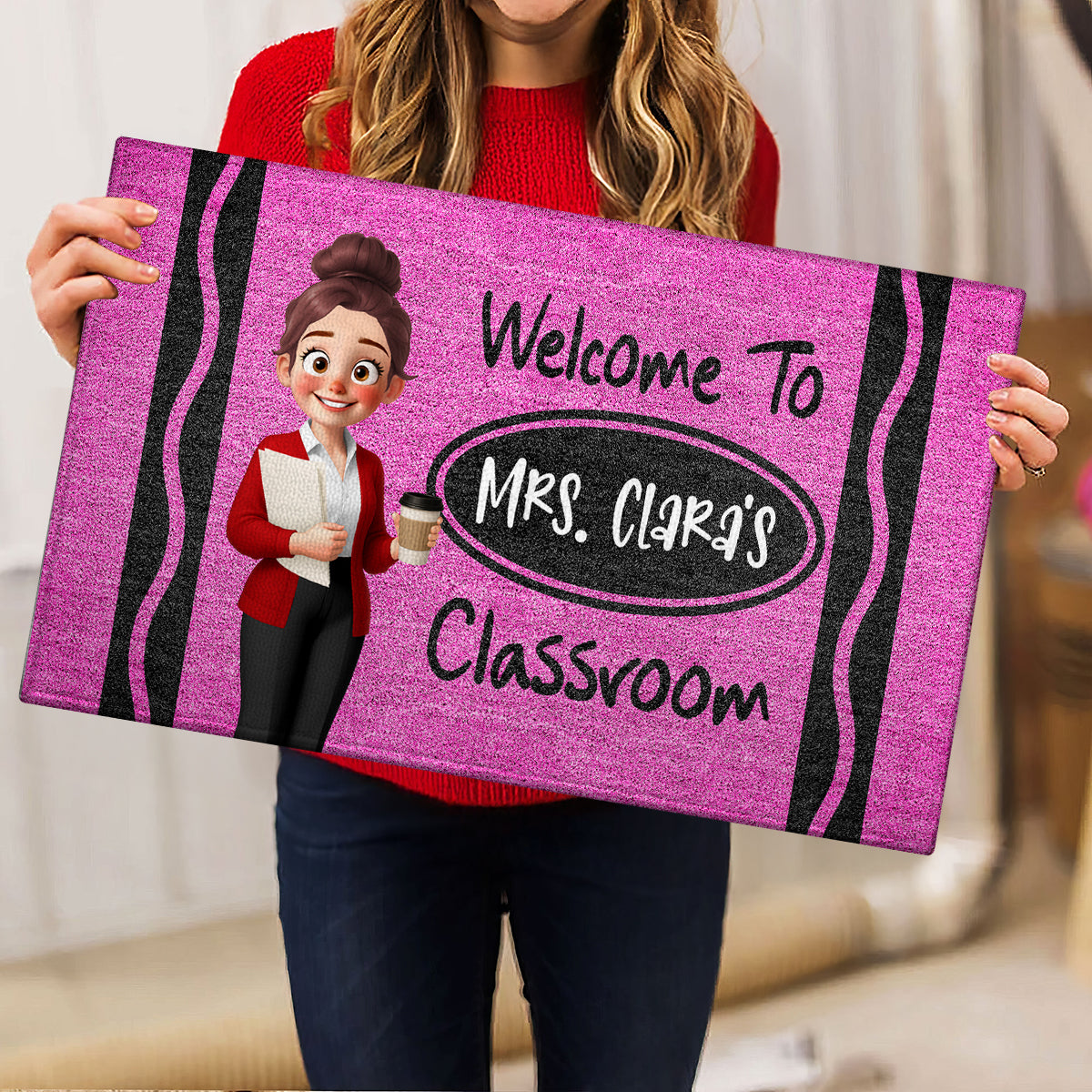 Cute Cartoon Teacher Crayon Welcome To Classroom Personalized Doormat