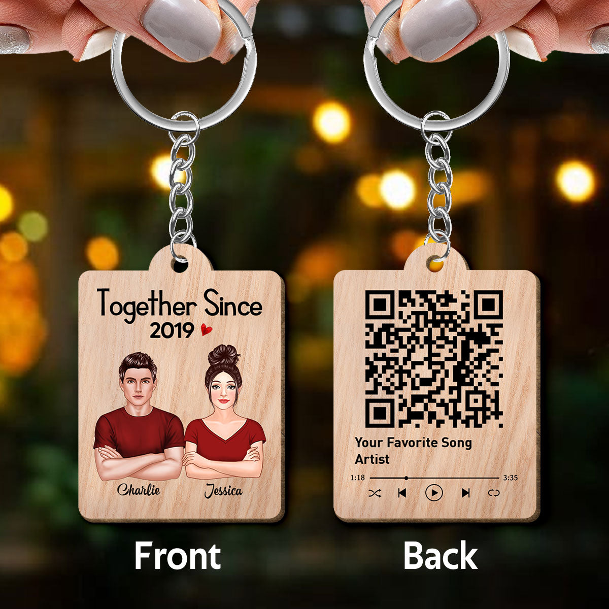 Real Couple Crossed Arms Favorite Song Scannable QR Code Personalized Wooden Keychain