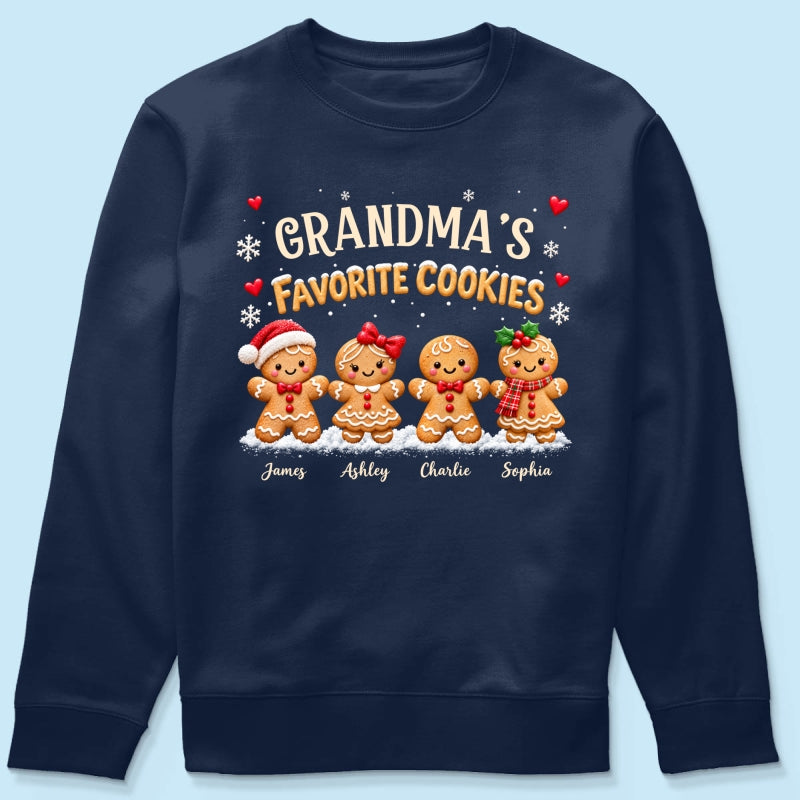 Grandma's Favorite Cookies - Personalized Shirt - Custom Grandkids Names Gingerbread, Cute Christmas Gift for Grandma, Nana, Mimi, Grammy & Gigi.