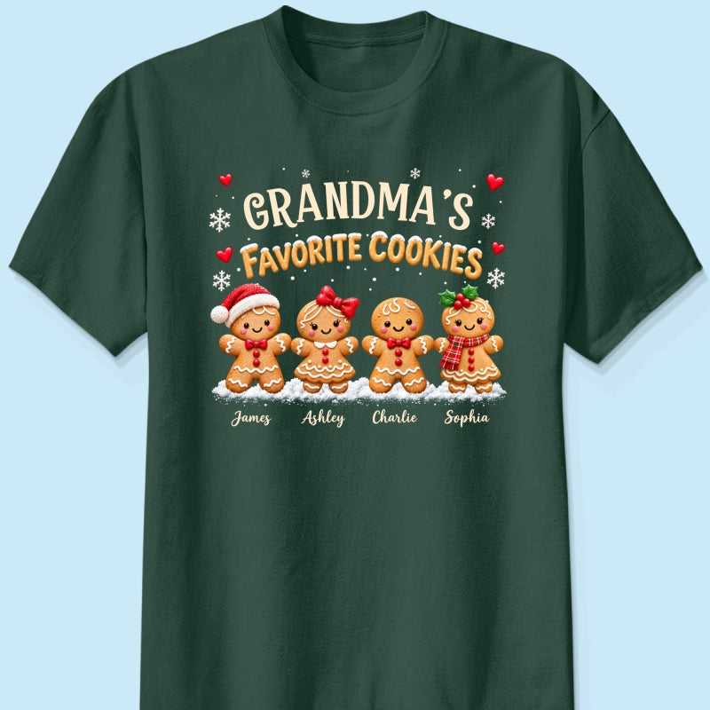 Grandma's Favorite Cookies - Personalized Shirt - Custom Grandkids Names Gingerbread, Cute Christmas Gift for Grandma, Nana, Mimi, Grammy & Gigi.