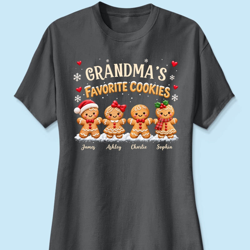 Grandma's Favorite Cookies - Personalized Shirt - Custom Grandkids Names Gingerbread, Cute Christmas Gift for Grandma, Nana, Mimi, Grammy & Gigi.