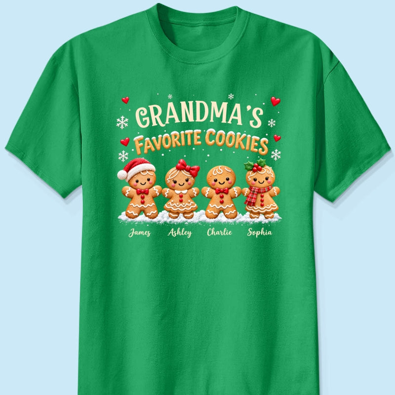 Grandma's Favorite Cookies - Personalized Shirt - Custom Grandkids Names Gingerbread, Cute Christmas Gift for Grandma, Nana, Mimi, Grammy & Gigi.