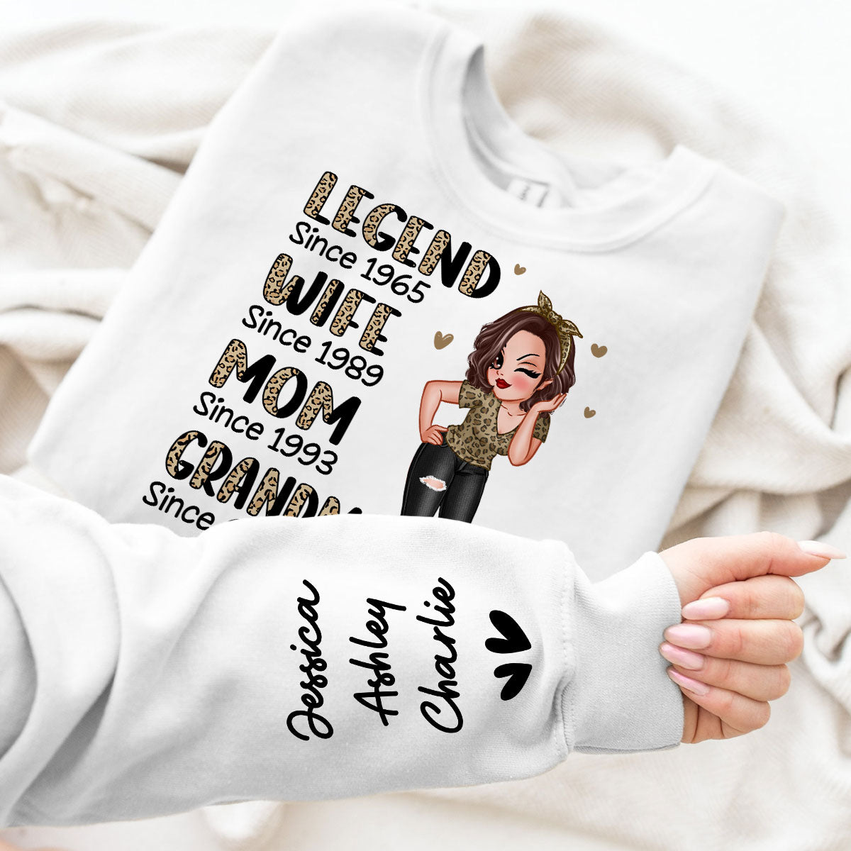 Half Leopard Sassy Legend Wife Mom Grandma Personalized Sleeve Printed Sweatshirt