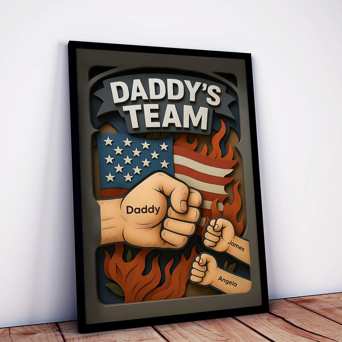 Daddy's Team Fist Bump 3D Effect Layered Personalized Poster, Father's Day Gift for Dad