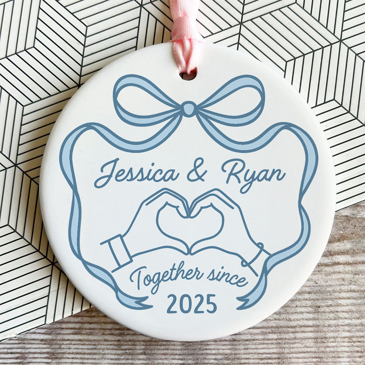 Couple Heart Hand Outline Christmas Personalized Ceramic Ornament