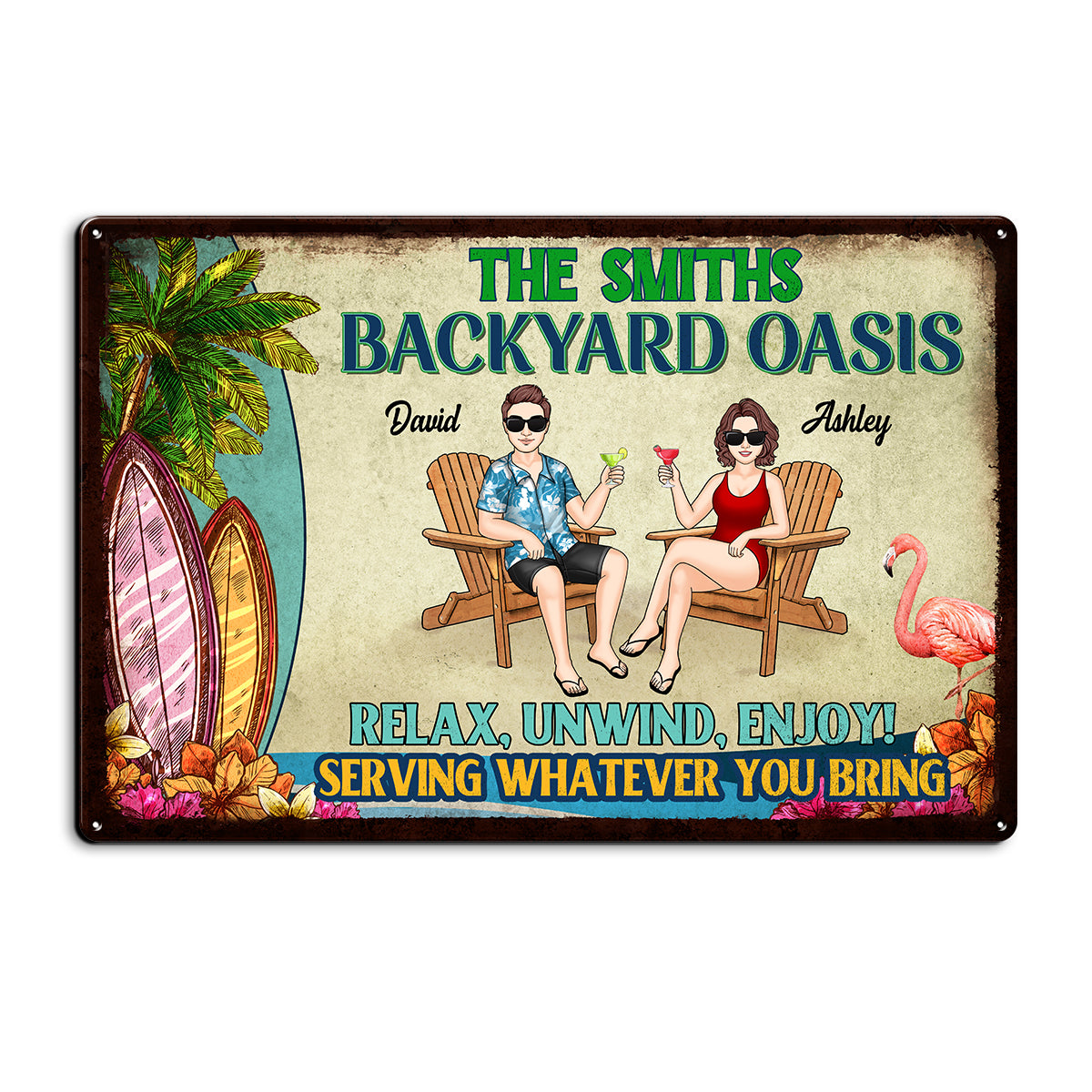 Backyard Oasis Serving Whatever You Bring, Personalized Metal Sign, Patio Decor, Pool Sign, Tiki Bar