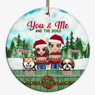 Couple And Dogs On Fence Christmas Personalized Circle Ornament