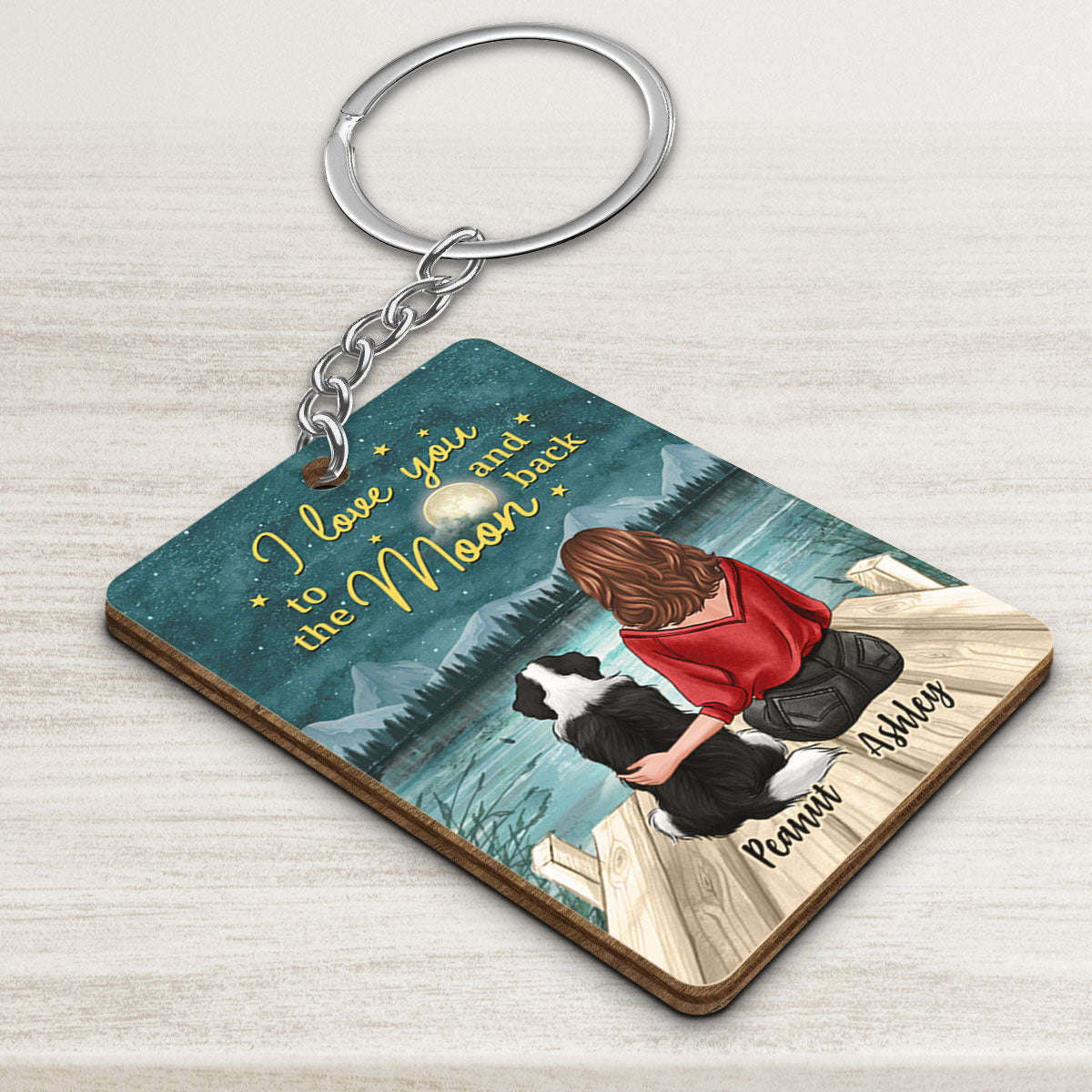 Back View Woman Sitting With Dogs I Love You To The Moon And Back Personalized Wooden Keychain