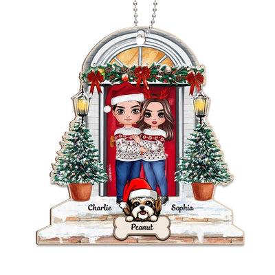 Doll Couple And Dogs Standing On The Front Porch Personalized Wooden Ornament
