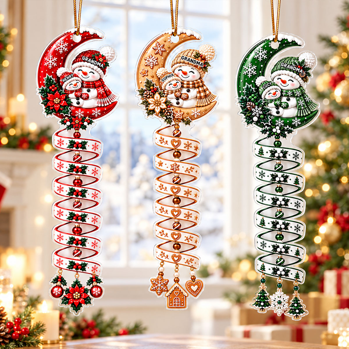 Christmas Snowman Grandma Grandkid Spiral Style - Personalized Acrylic Ornament - Christmas Gift For Kids, Grandkids, Grandson, Granddaughter