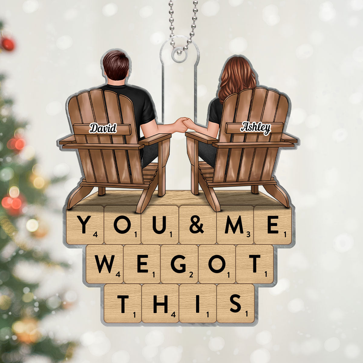 Couple Sitting Back View Words Puzzle Personalized Acrylic Ornament, Christmas Gift for Him for Her