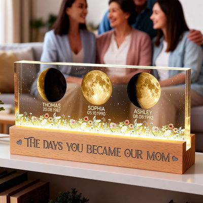 Floral Custom Birth Moon Phase The Day You Become Our Mom - Personalized Acrylic Block LED Night Light - Heartfelt Gift For Mom