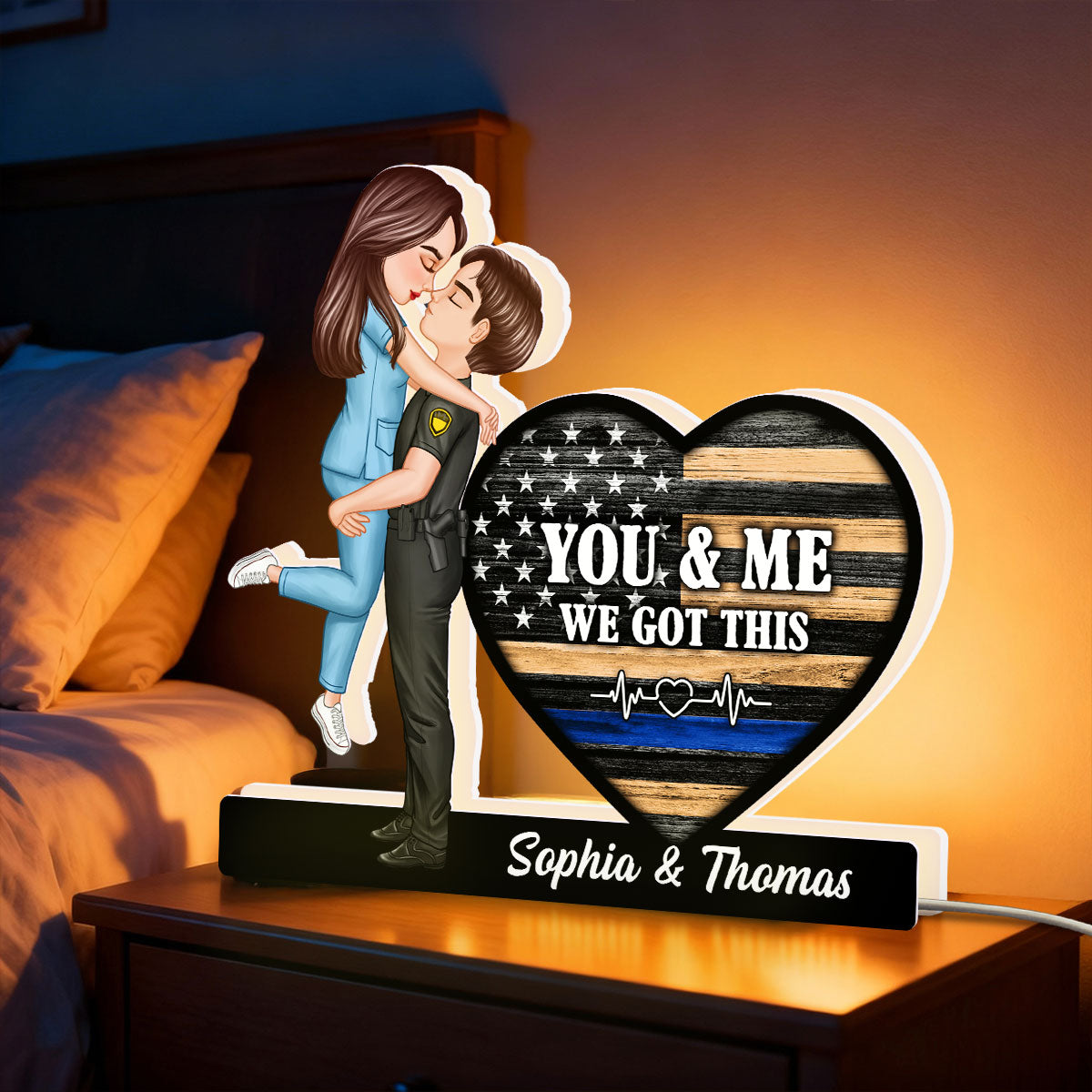 Hero Couple Kissing You & Me We Got This Job Occupation Flag Heart - Personalized Light Box
