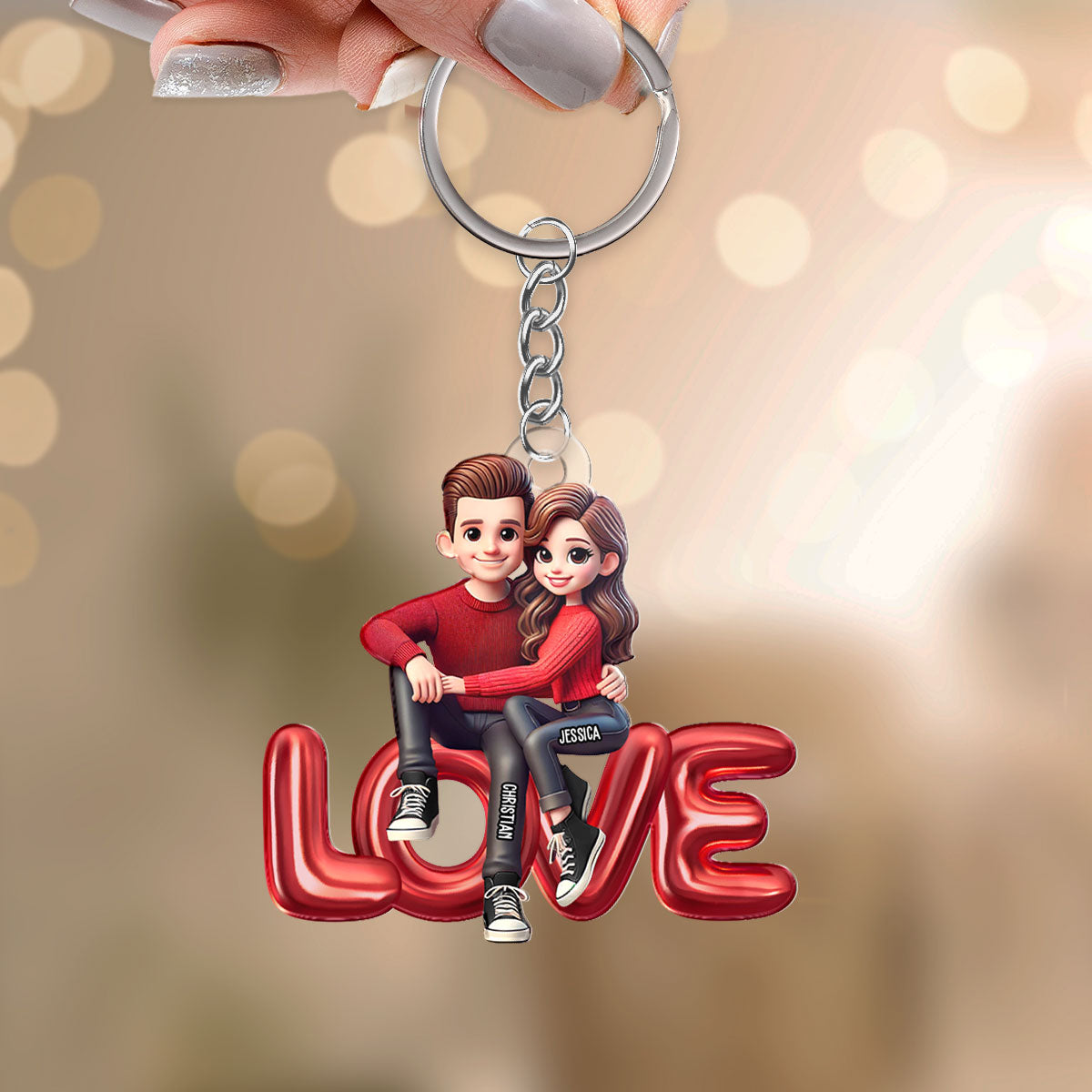 3D Effect Couple Sitting On LOVE Personalized Acrylic Keychain,  gift, Anniversary Gift for Couples