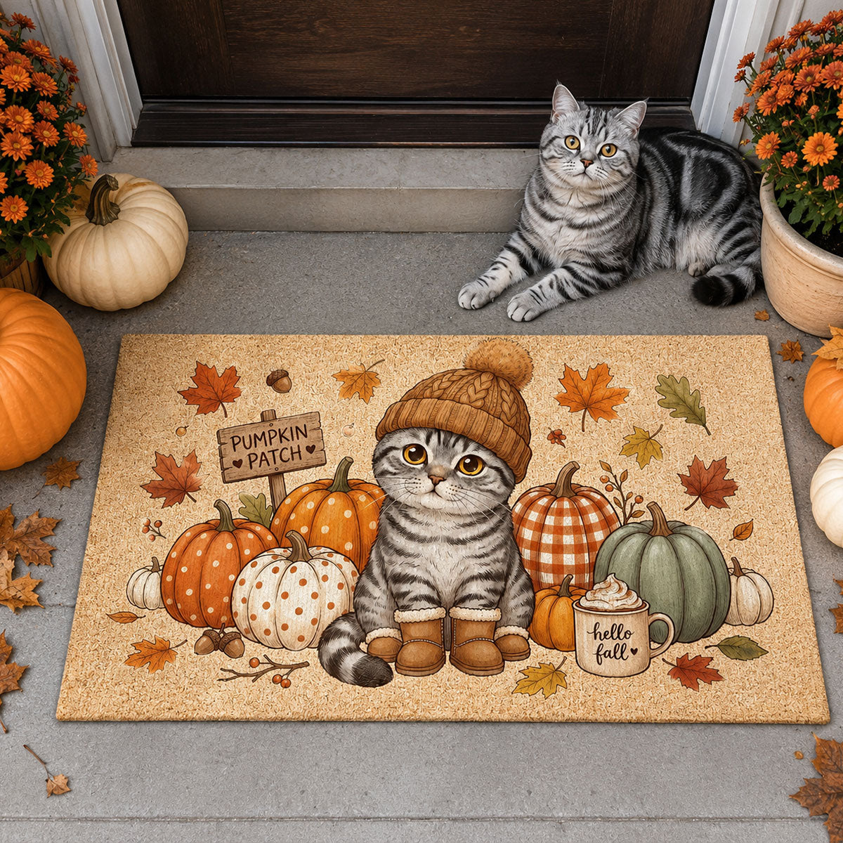 Hello Fall Custom Dog Cat Pet Portrait from Photo - Personalized Doormat - Cozy Fall Decor for Pet Lovers