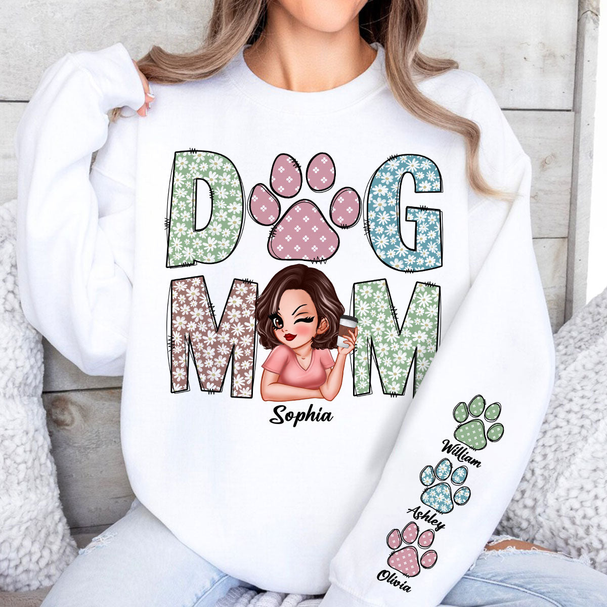 Pastel Floral Dog Mom Gift For Dog Lovers Personalized Sleeve Printed Sweatshirt