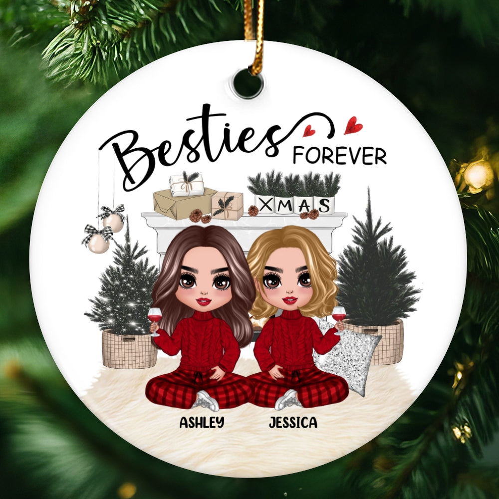 Checkered Pants Besties At White Fireplace Personalized Circle Ornament