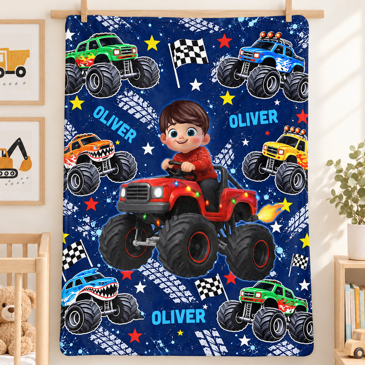Kid Driving Monster Truck - Personalized Fleece Blanket - Gift For Kid Who Loves Monster Truck, Toddler Blanket for Boys