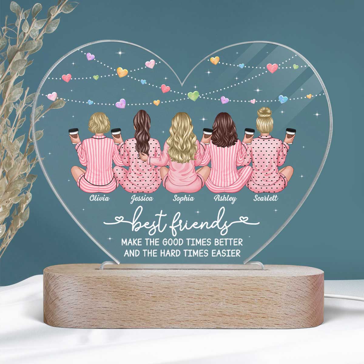 Back View Pajamas Besties Personalized Acrylic Heart LED Night Light, Gift For Best Friends, BFF