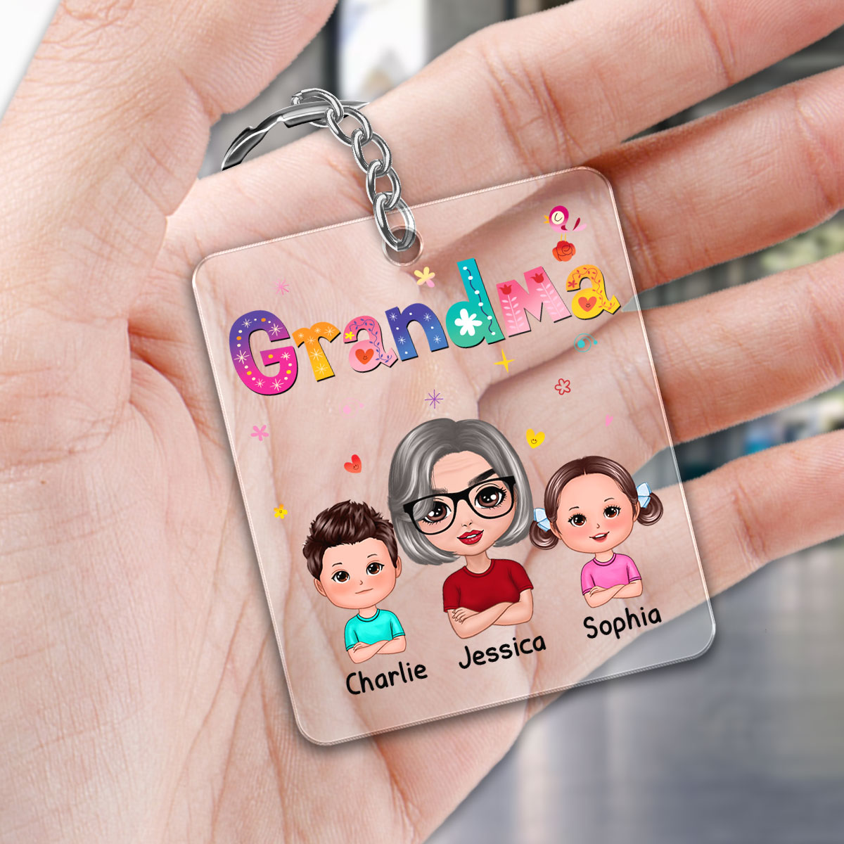 Colorful Floral Pattern Grandma Mom Auntie With Kids Personalized Acrylic Keychain