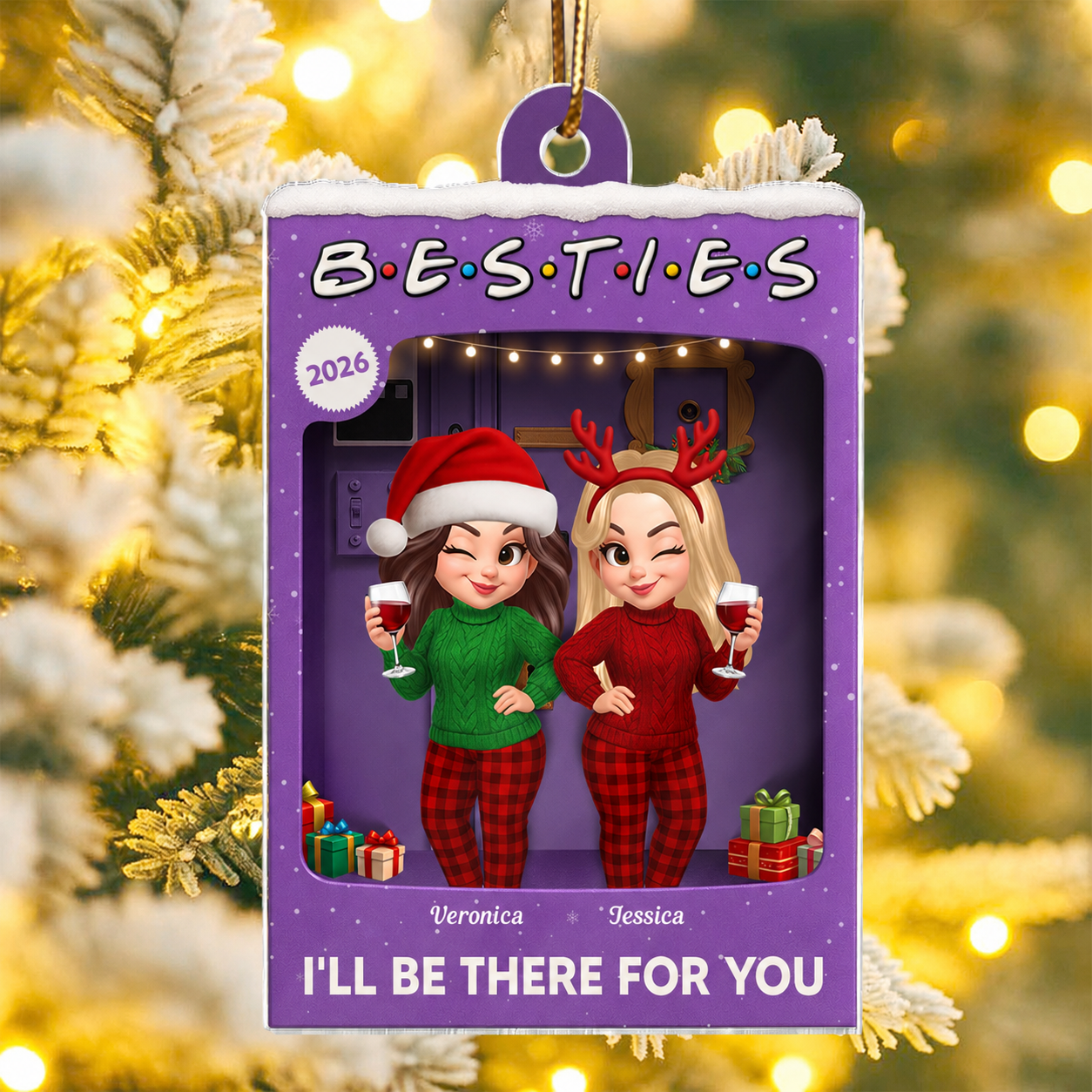 3D Effect Pretty Girl Best Friends Purple Toy Box Style - Personalized Acrylic Ornament - Christmas Gift For Besties