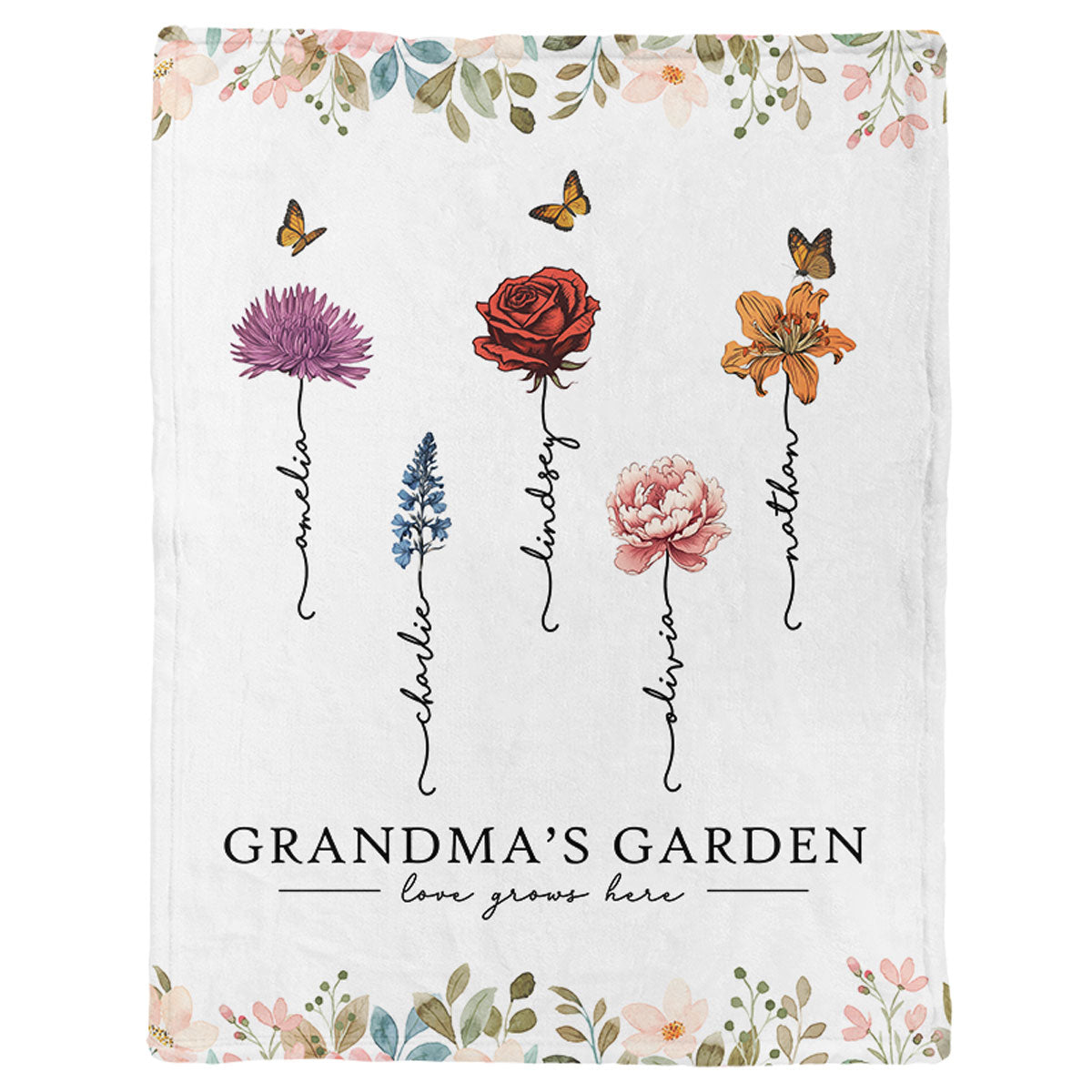 Grandma‘s Garden Love Grows Here Beautiful Birth Month Flower Gift For Grandma Mom Personalized Fleece Blanket