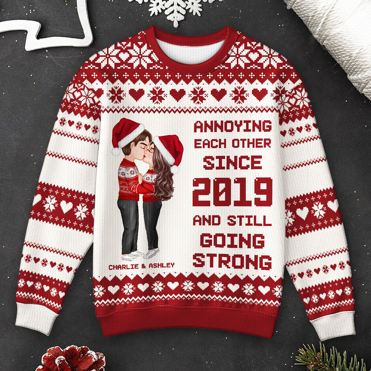 Christmas Hugging Kissing Couple Personalized Faux Knitting Ugly Sweater, Gift For Him, For Her