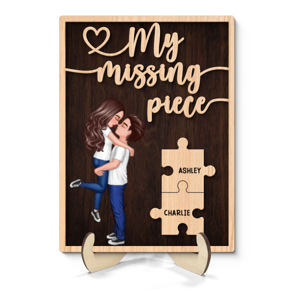My Missing Piece Hugging Kissing Couple Dark Theme Valentine‘s Day Gift For Her Gift For Him Personalized 2-Layer Wooden Plaque