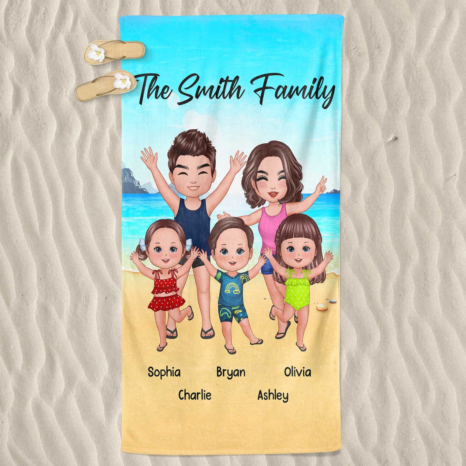 Whole Family Couple Dad Mom Kids Dogs Cats On The Beach Personalized Beach Towel