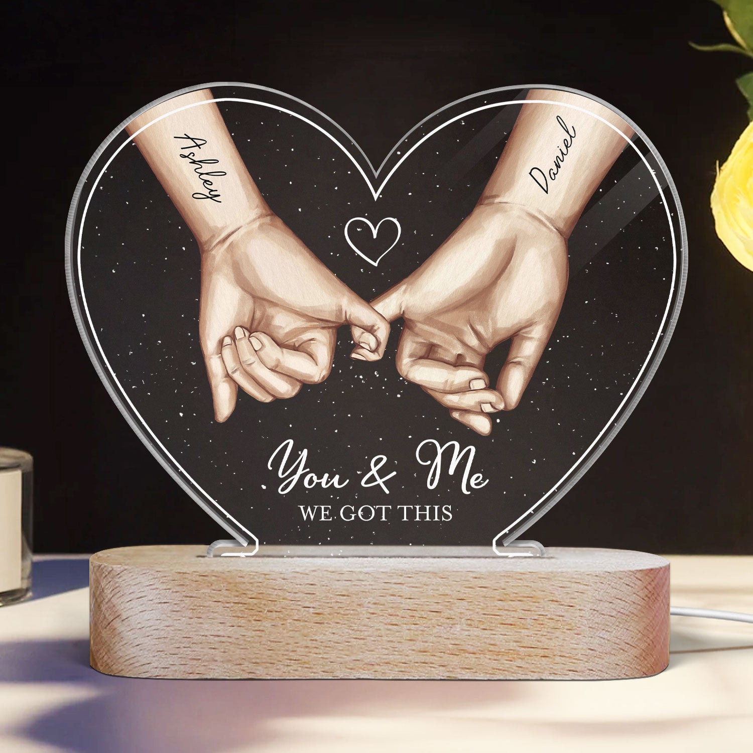 Personalized Couple Hands Pinky Promise Acrylic Heart LED Night Light,  gift, Anniversary Gift for Couples