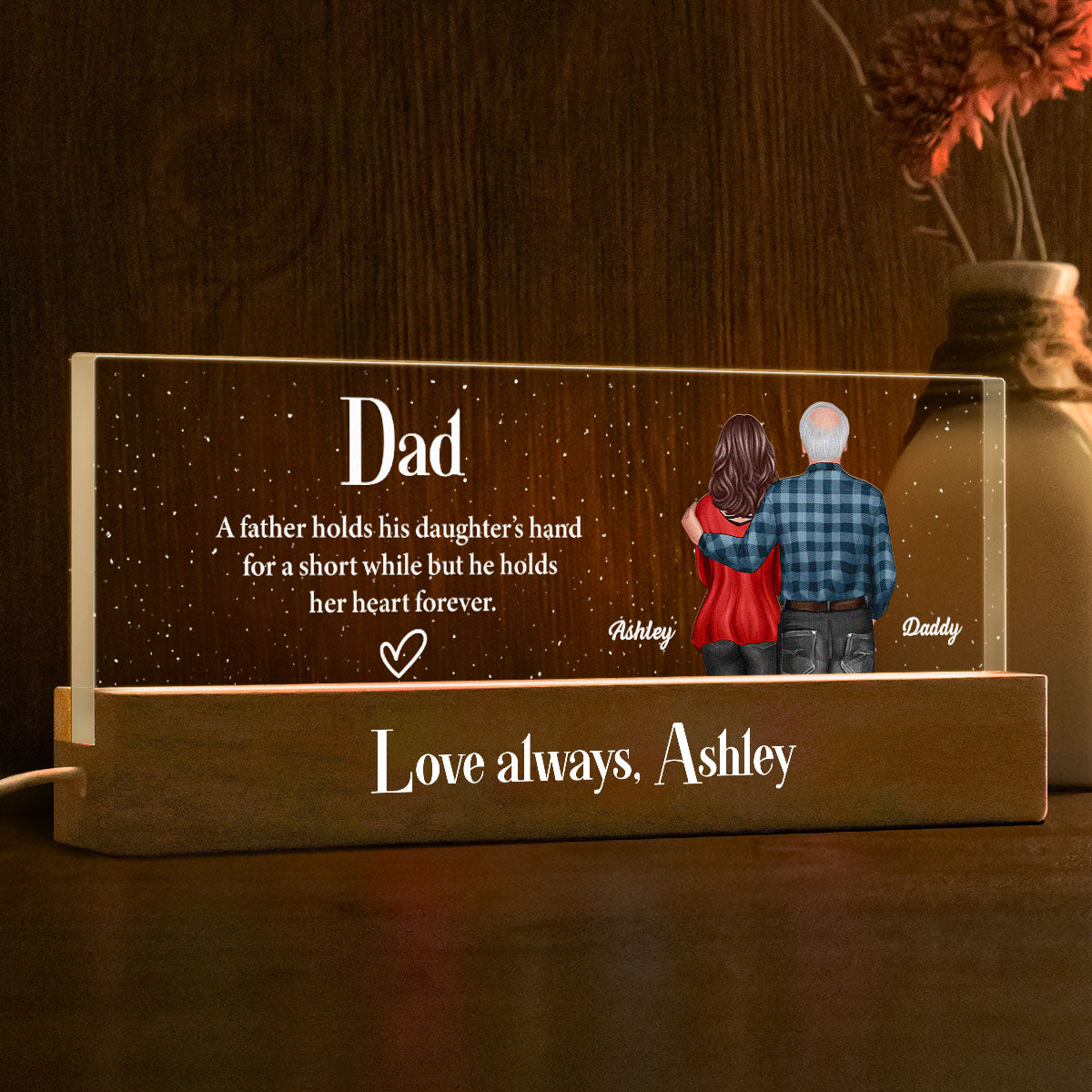 Father Daughter, Son Standing Back View Personalized Acrylic LED Night Light, Unique Father's Day Gift for Dad