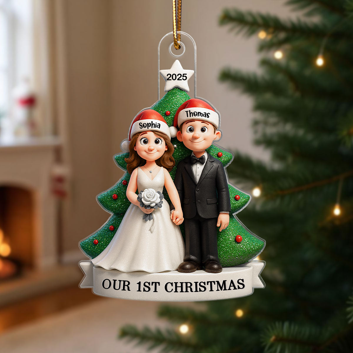 Groom & Bride Under Tree First Christmas Personalized Acrylic Ornament | Just Married Newlyweds Marriage Keepsake